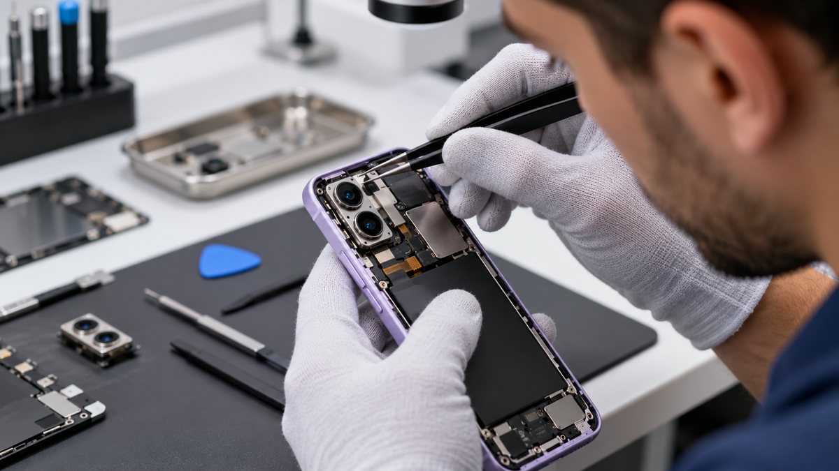 Naprawa aparatu tylnego iPhone 15 Plus Warszawa — wizualizacja serwisowa