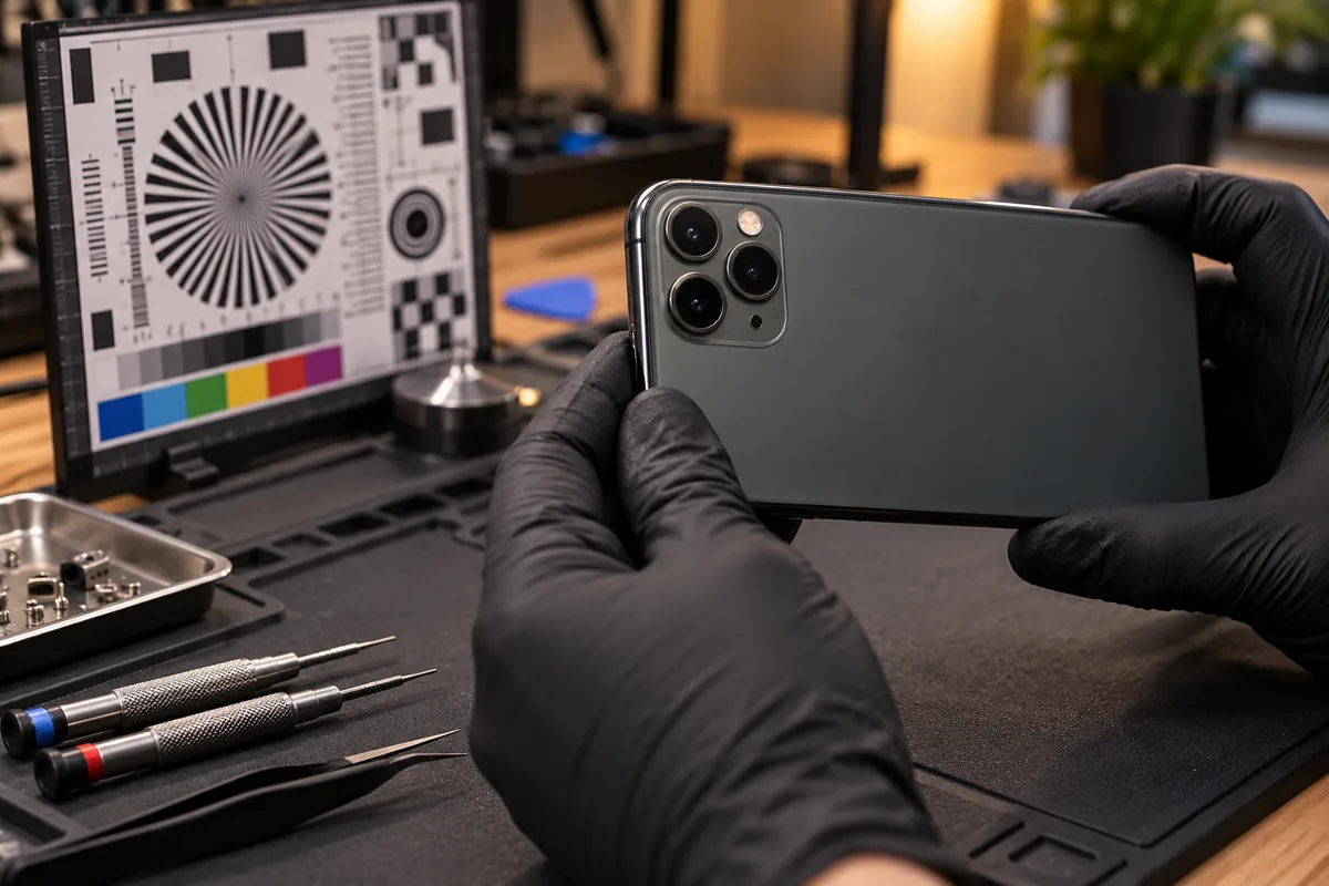 Ilustracja serwisowa: naprawa aparatu tylnego iphone 11 pro warszawa.