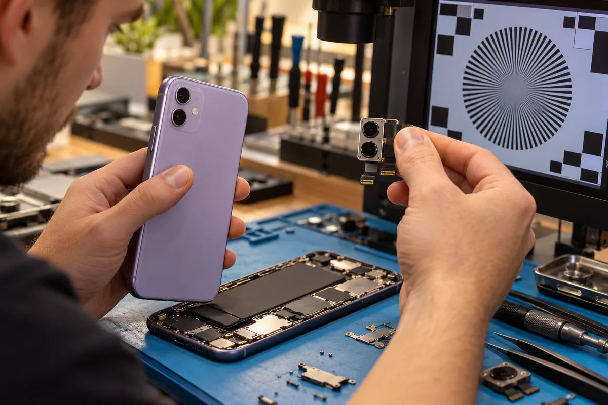 Ilustracja serwisowa: naprawa aparatu tylnego iphone 11 warszawa.