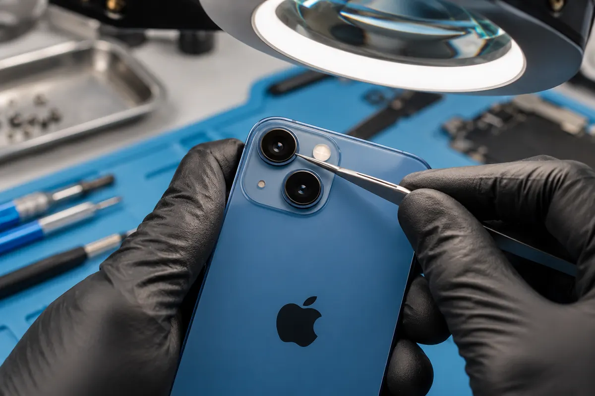 Oględziny dwóch tylnych aparatów iPhone’a 13 mini.