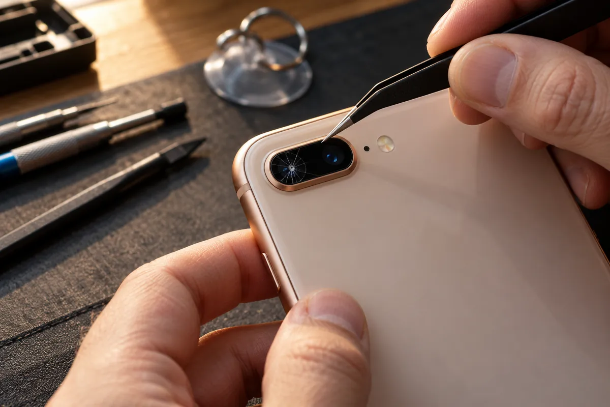 Ilustracja serwisowa: wymiana szkła aparatu iphone 8 plus warszawa.