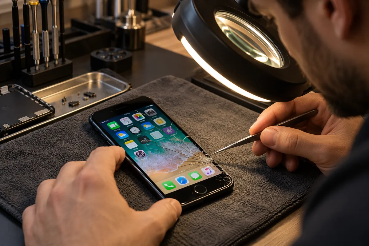 Ilustracja serwisowa: wymiana szybki iphone 8 warszawa.