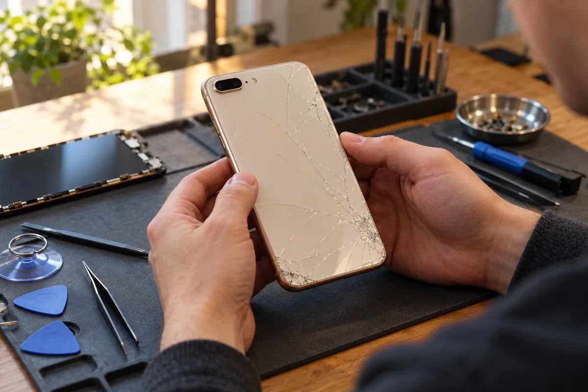 Ilustracja serwisowa: wymiana tylnej szybki iphone 8 plus warszawa.