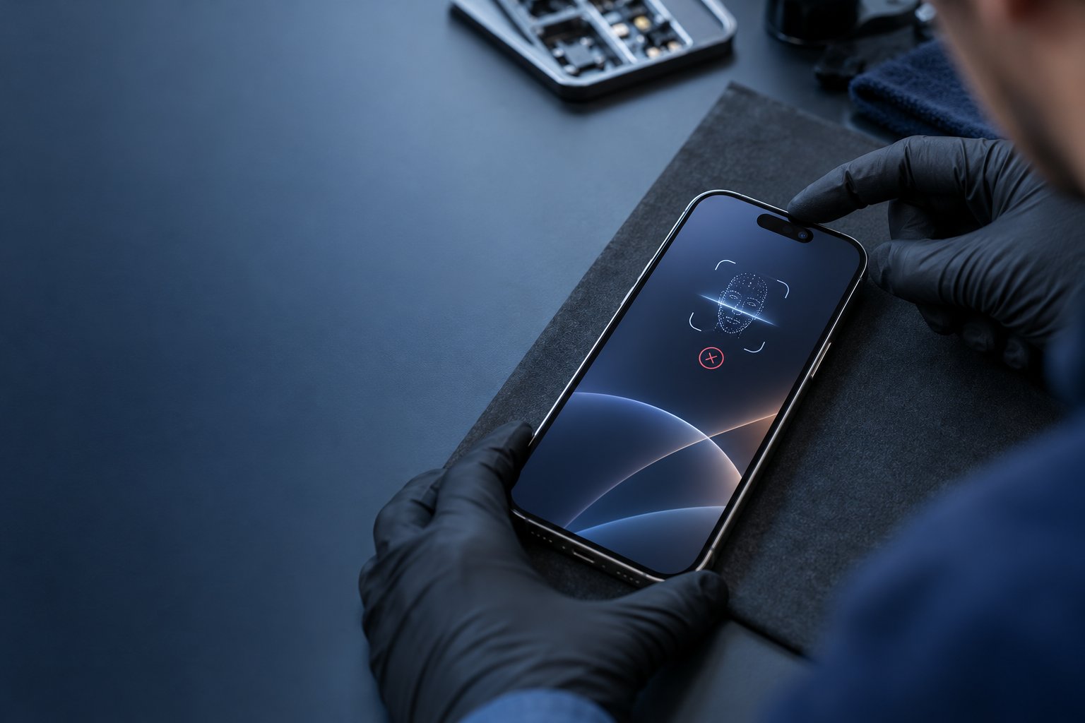 Ilustracja diagnostyki rozpoznawania twarzy iPhone 16 Pro