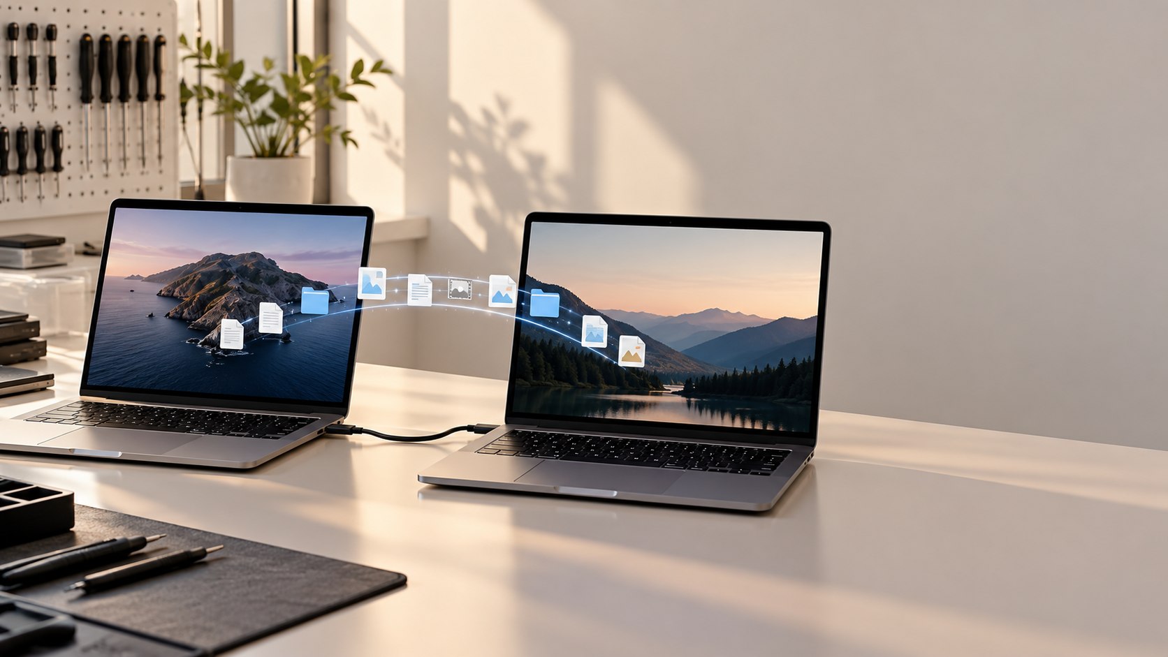 Dwa MacBooki podczas przenoszenia danych